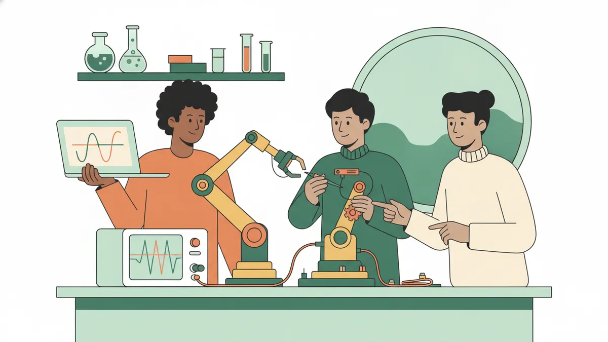 Illustration : trois étudiants travaillent sur un petit bras robotisé monté sur un banc d'essai ; l'un tient un ordinateur portable qui affiche une courbe, un autre fixe un capteur, le troisième montre le mécanisme ; un oscilloscope est posé sur la paillasse.