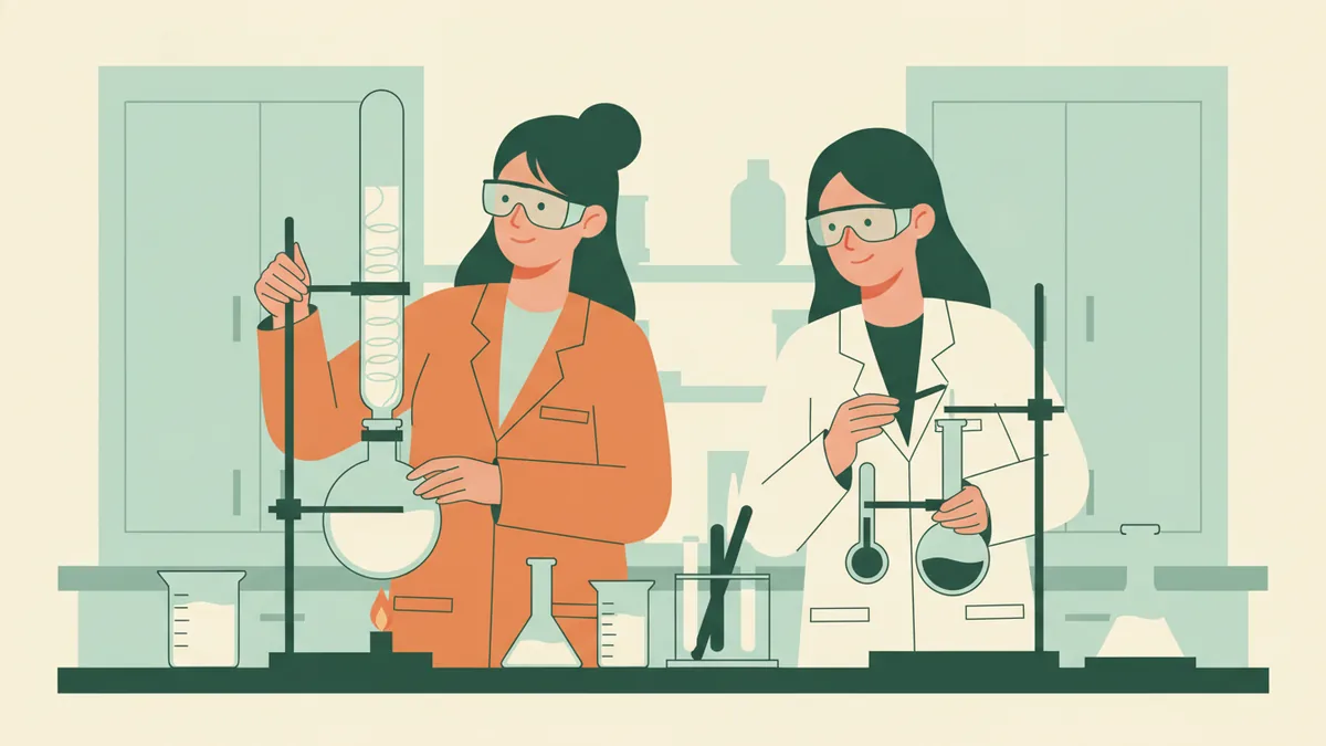 Illustration : en TP de chimie, une étudiante en blouse et lunettes de protection chauffe un ballon surmonté d'un réfrigérant ; sa binôme surveille un thermomètre.