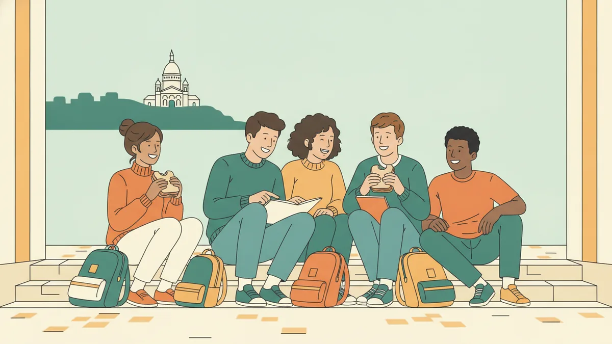 Illustration : cinq étudiants assis sur des marches pendant une pause partagent leurs notes et un sandwich en riant, sacs à dos à leurs pieds ; au loin, la silhouette d'une colline surmontée d'une basilique blanche.