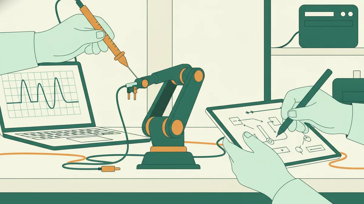 Illustration : gros plan sur un TP de sciences de l'ingénieur ; une main gantée pose une sonde sur un petit bras robotisé relié à un ordinateur qui affiche une courbe, une autre main annote un schéma sur une tablette.