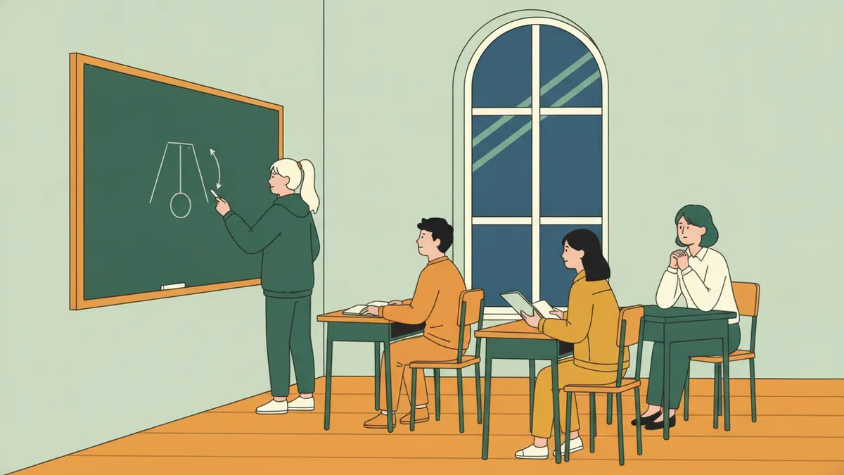 Illustration : en début de soirée, une élève dessine un pendule au tableau noir pendant une colle ; deux camarades attendent leur tour avec leurs cahiers, l'examinatrice écoute assise à une petite table ; le ciel est bleu nuit derrière la grande fenêtre.
