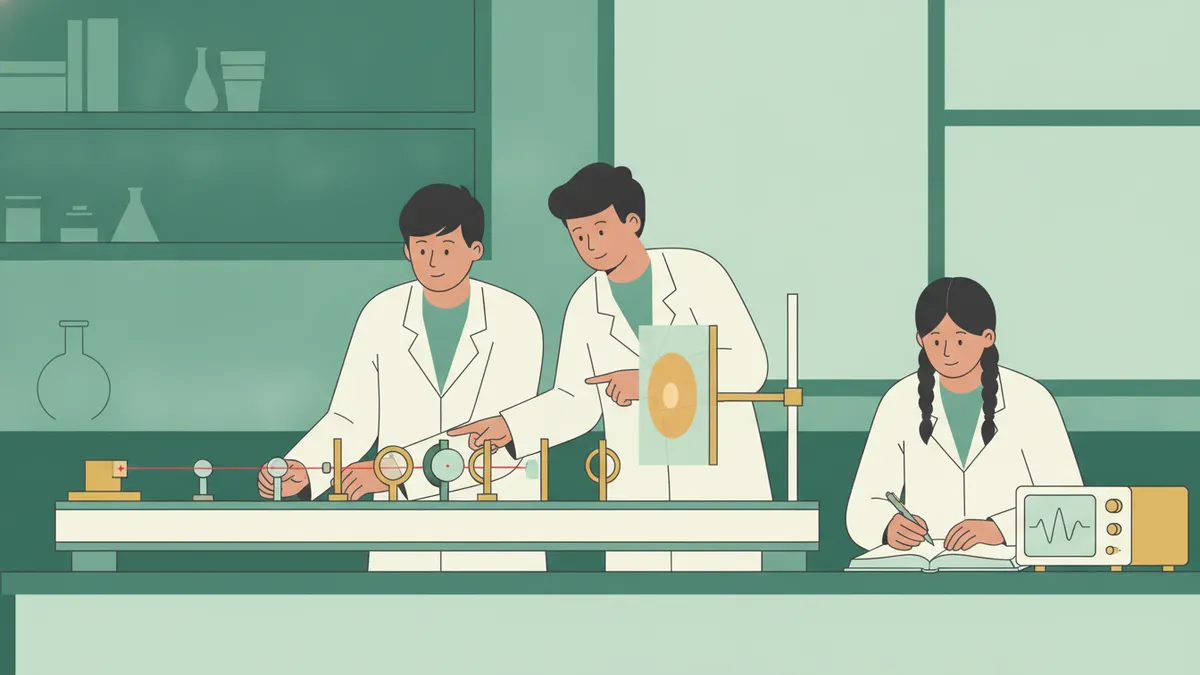 Illustration : en TP de physique, deux élèves en blouse règlent un banc d'optique avec un laser, des lentilles et un écran ; une troisième note les mesures dans un cahier à côté d'un oscilloscope.