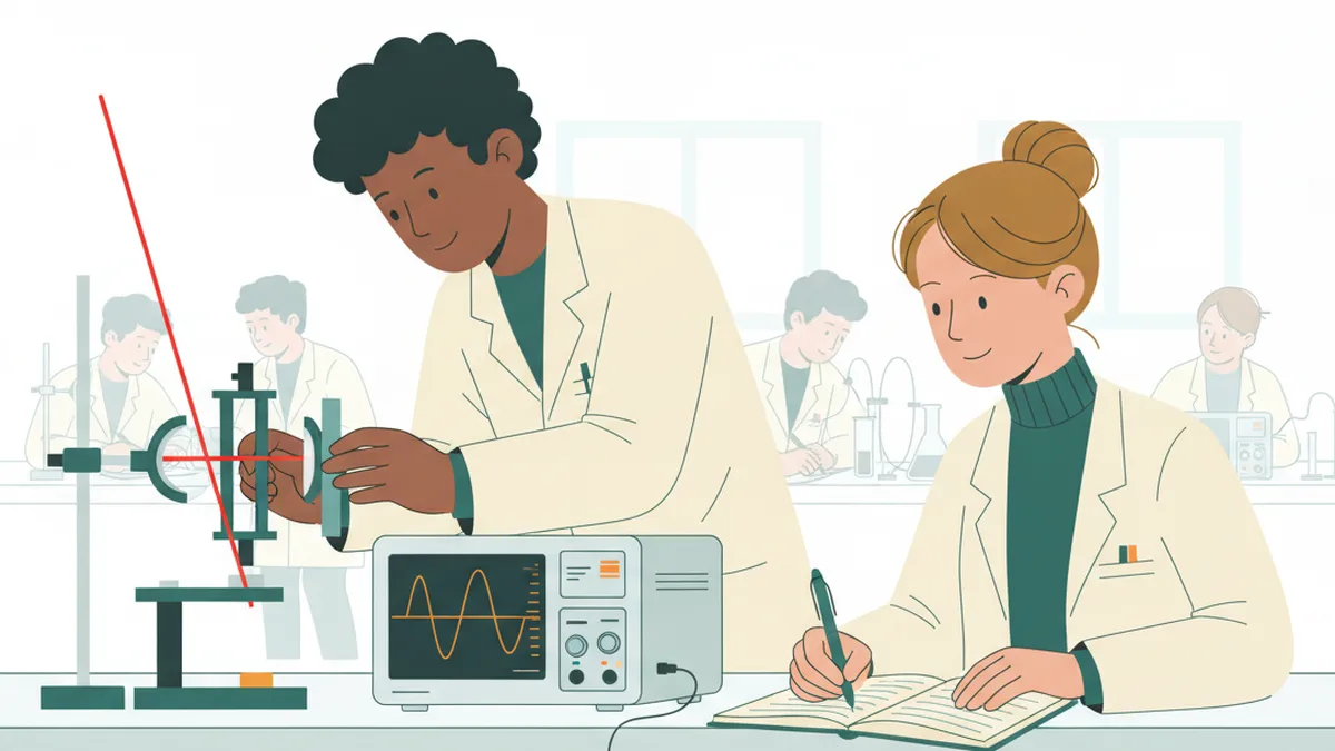 Illustration : deux étudiants en blouse blanche pendant un TP de physique ; l'un règle une lentille sur un banc d'optique traversé par un laser rouge, l'autre note une mesure lue sur un oscilloscope. D'autres binômes travaillent au fond de la salle.
