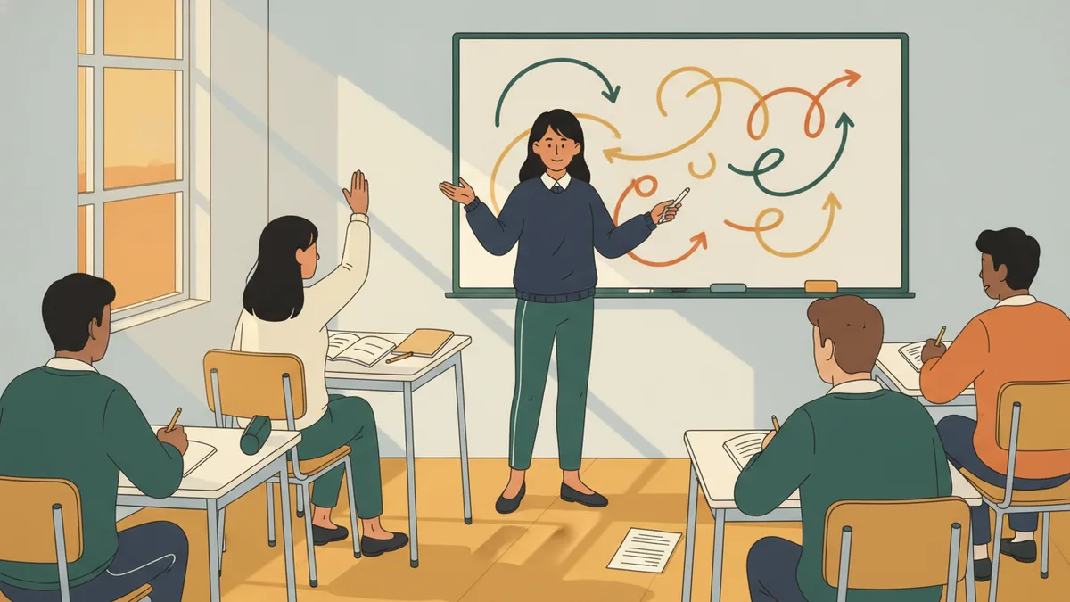Illustration : une jeune tutrice en pull bleu marine explique devant un tableau couvert de courbes à cinq étudiants assis ; l'une lève la main, les autres prennent des notes, dans la lumière de fin d'après-midi.