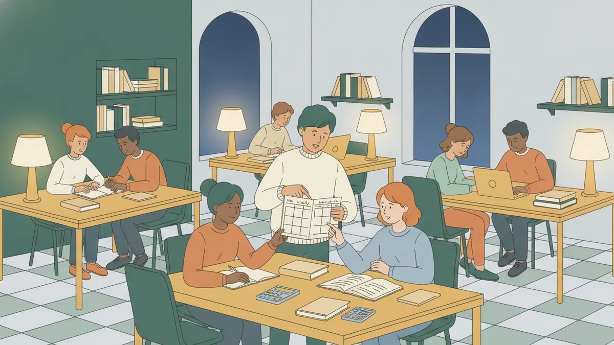 Illustration : une salle d'étude le soir, éclairée par des lampes ; des étudiants travaillent par deux ou trois, et un étudiant plus âgé montre un planning de la semaine à deux camarades de première année.