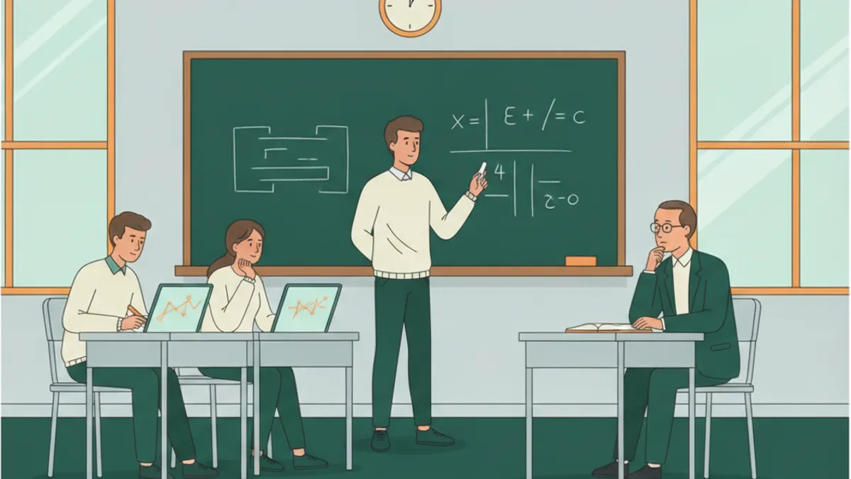 Illustration : dans une salle de classe claire, un élève au tableau noir trace un schéma de circuit électrique devant un professeur assis qui prend des notes ; deux autres élèves attendent leur tour à une table.