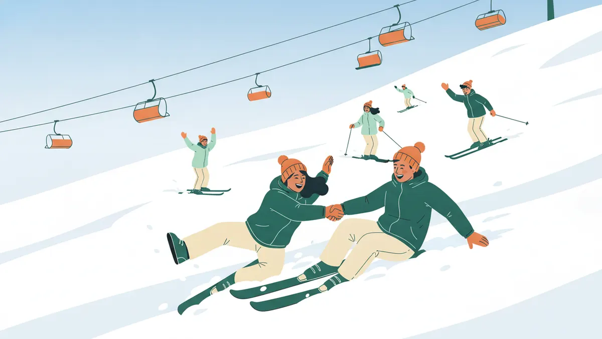 Illustration : sur une piste enneigée et ensoleillée, sous un télésiège, un groupe d'étudiants à skis ; deux d'entre eux rient en se tenant la main, d'autres descendent la pente derrière eux.