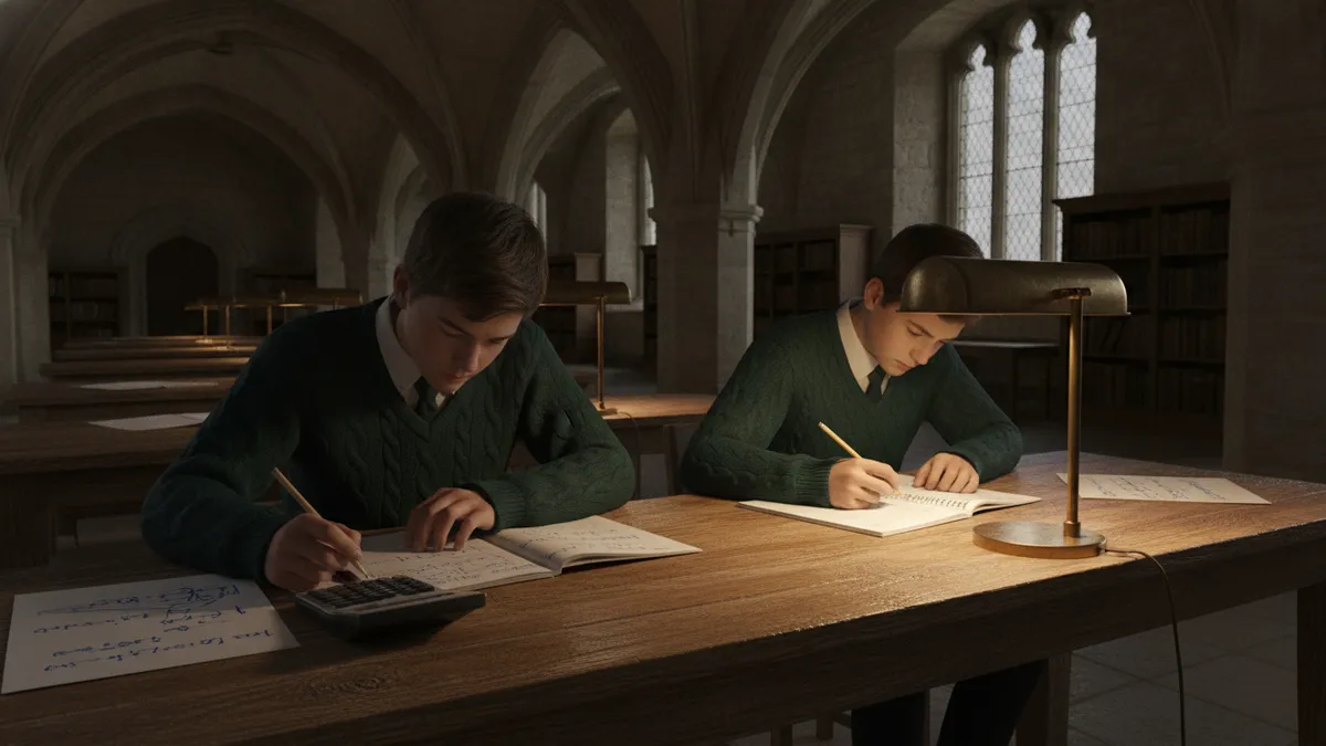 Illustration : deux étudiants en pull d'uniforme sombre travaillent des exercices de physique à des pupitres en bois dans une salle d'étude voûtée en pierre, sous une lampe de cuivre.