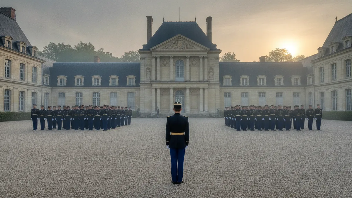 Illustration : à l'aube, de jeunes élèves en uniforme bleu marine et gants blancs alignés dans la cour de gravier d'un bâtiment classique en pierre, un officier face à eux, de la brume.