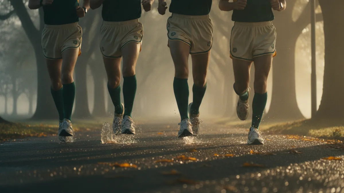 Illustration : les jambes et les chaussures d'un groupe de jeunes coureurs en tenue de sport assortie sur une allée d'arbres mouillée, au lever du soleil.
