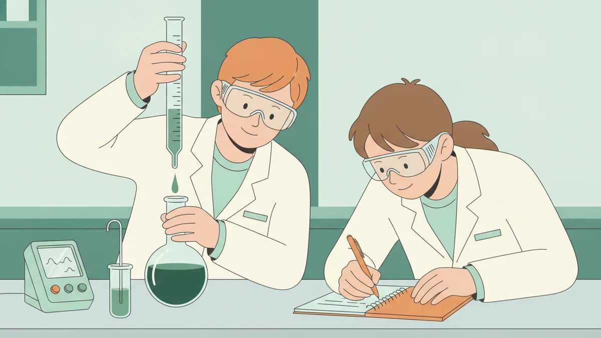 Illustration : deux élèves en blouse blanche et lunettes de protection font un titrage ; l'une verse une solution à la burette dans un erlenmeyer, l'autre note les résultats dans un cahier ; un pH-mètre est posé sur la paillasse.