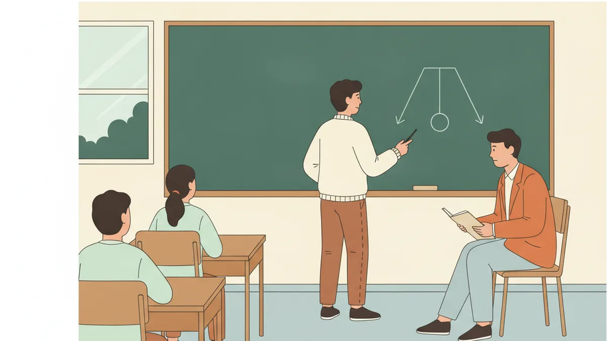 Illustration : dans une petite salle, un élève au tableau noir dessine un pendule ; un enseignant assis l'écoute, un livre à la main ; deux autres élèves attendent leur tour.