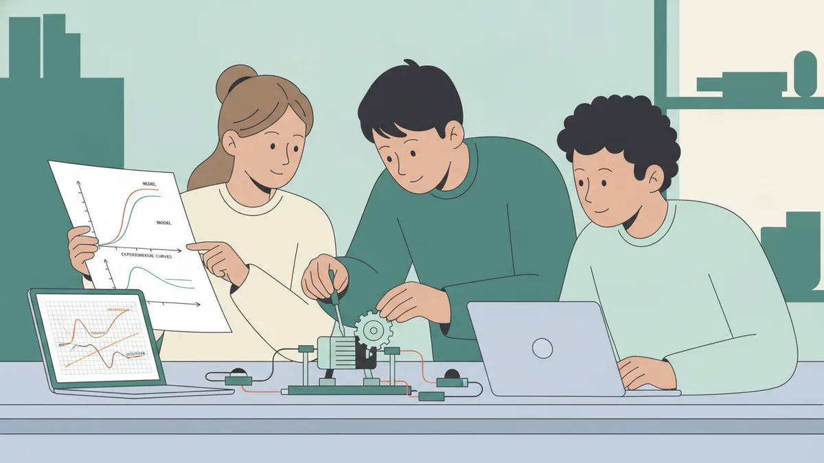 Illustration : trois élèves autour d'un petit système motorisé relié à un ordinateur qui affiche des courbes de réponse ; l'un règle un paramètre, les deux autres comparent les mesures à un modèle sur papier.