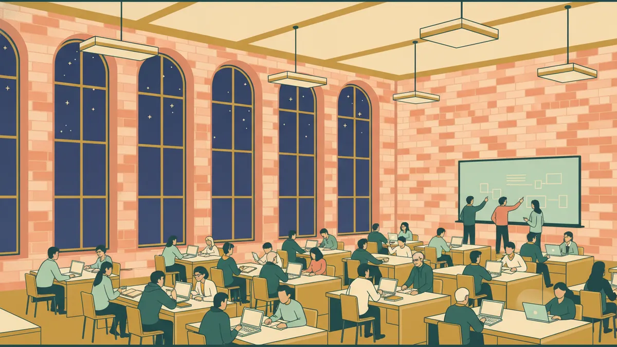Illustration : le soir, une grande salle d'étude aux murs de brique rose et aux hautes fenêtres sombres ; de nombreux étudiants travaillent en petits groupes à des tables, certains au tableau blanc, sous des lampes chaudes.