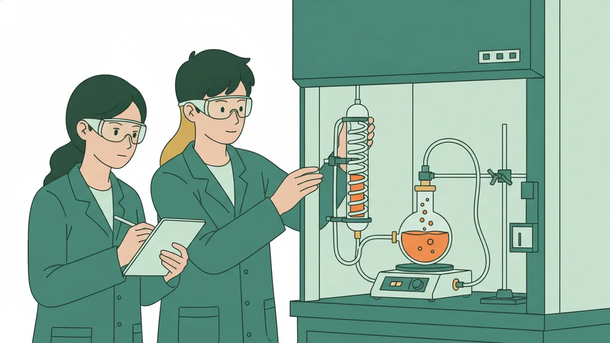 Illustration : deux étudiantes et un étudiant en blouse et lunettes de protection réalisent une synthèse sous une hotte ; un ballon chauffe à reflux sur un agitateur, l'une note ses observations sur une tablette.