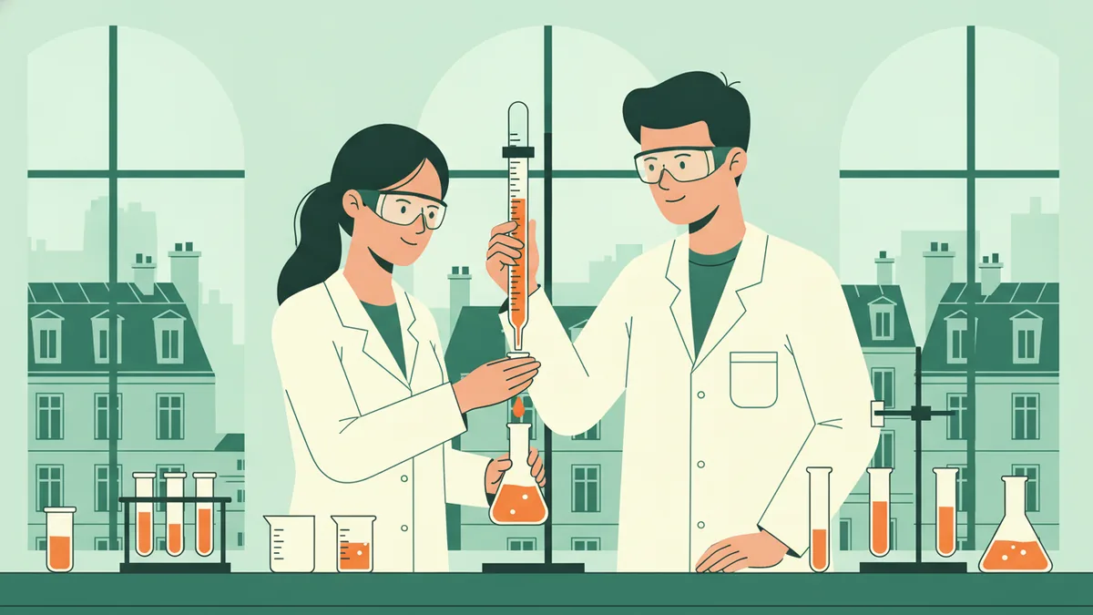 Illustration : deux étudiants en blouse blanche et lunettes de protection font un dosage de chimie sur une paillasse ; la burette goutte dans un erlenmeyer, et par les grandes baies vitrées on voit les toits de Paris.