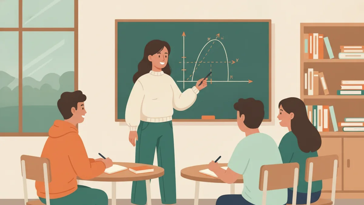 Illustration : une étudiante plus âgée explique une courbe tracée au tableau à trois élèves de première année assis autour de petites tables, cahiers ouverts, dans une salle de classe claire.
