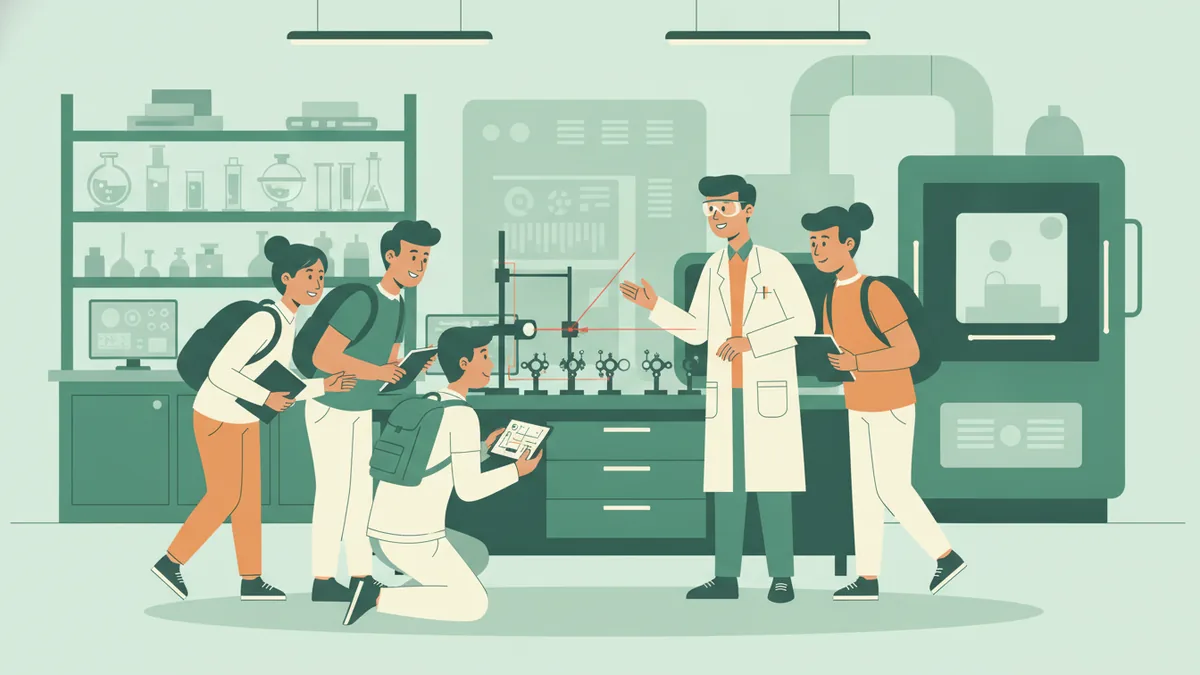 Illustration : un petit groupe d'étudiants avec leurs sacs à dos visite le laboratoire de recherche d'une école d'ingénieurs ; un chercheur en blouse leur montre un montage d'optique.