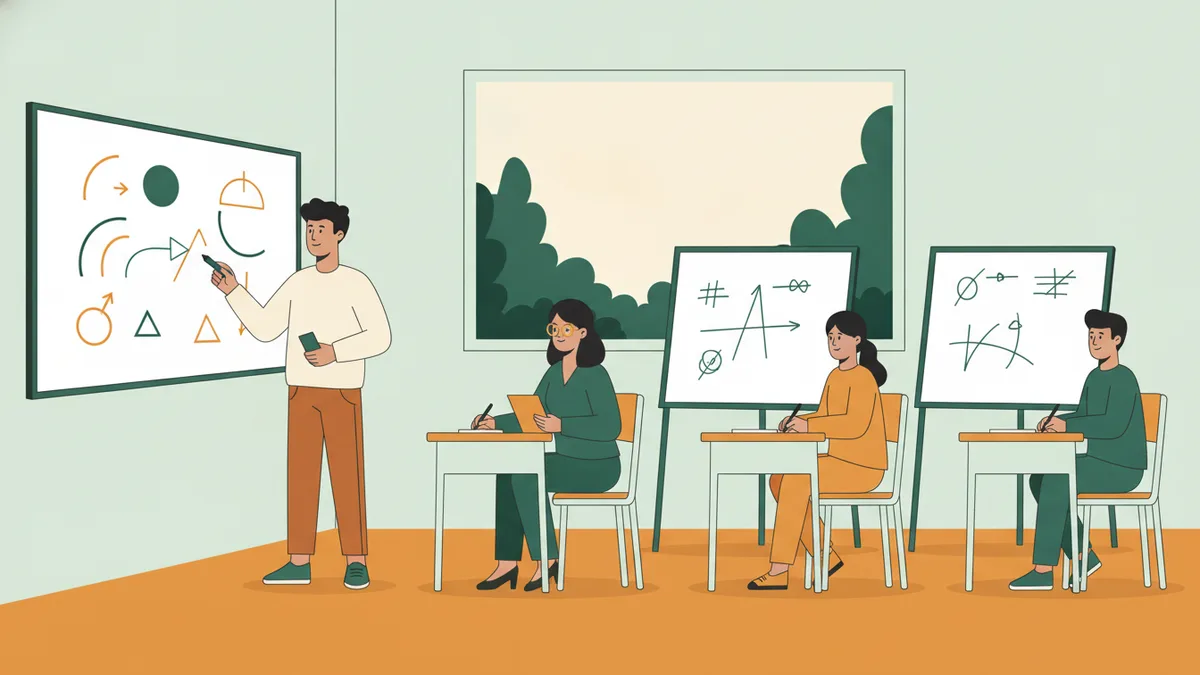 Illustration : dans une petite salle, une étudiante explique au tableau devant un professeur qui prend des notes, pendant que deux autres élèves préparent leur exercice sur leur propre tableau.
