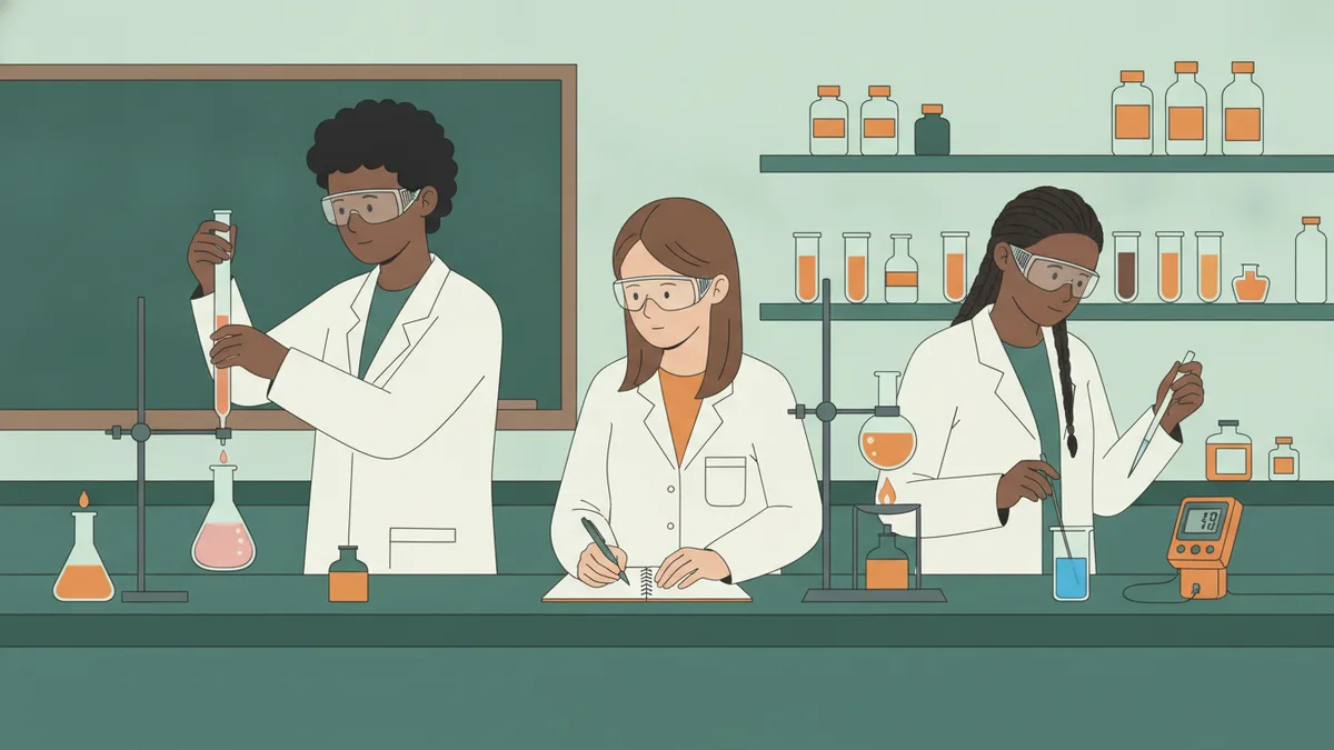 Illustration : trois étudiants en blouse blanche et lunettes de protection font un titrage en salle de chimie ; l'un tourne le robinet d'une burette au-dessus d'un erlenmeyer rose, une autre note les mesures, la troisième lit un pH-mètre.