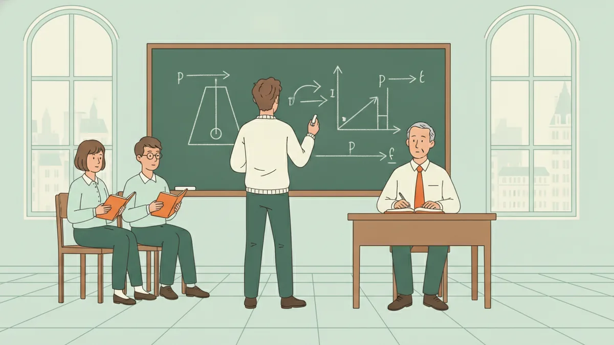 Illustration : dans une salle de classe ancienne aux hautes fenêtres cintrées, un étudiant trace au tableau vert un schéma de pendule avec des flèches ; un professeur assis à un bureau l'écoute, deux autres étudiants attendent leur tour, cahier en main.