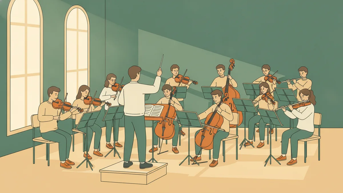 Illustration : un orchestre d'étudiants répète dans une salle aux hautes fenêtres, violons, violoncelles et flûte devant leurs pupitres, un étudiant dirige debout sur une petite estrade.