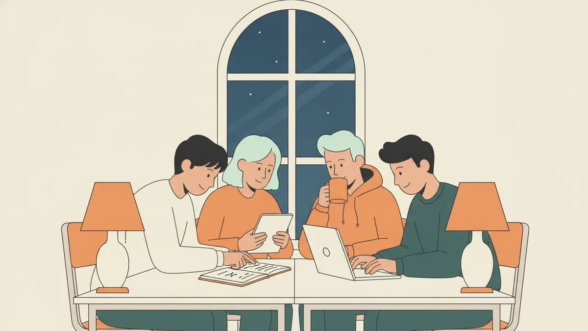 Illustration : le soir, quatre étudiants travaillent ensemble autour d'une table sous des lampes orange ; l'un montre un cahier, une autre consulte une tablette ; par la grande fenêtre cintrée, le ciel est noir et étoilé.