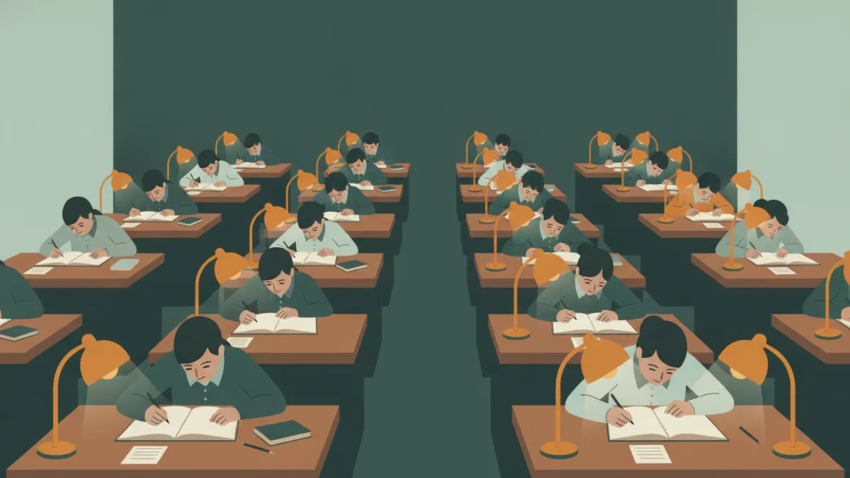 Illustration : une grande salle d'étude le soir, une vingtaine d'étudiants penchés chacun sur leur cahier à des tables alignées, sous des lampes de bureau orange, dans un silence complet.