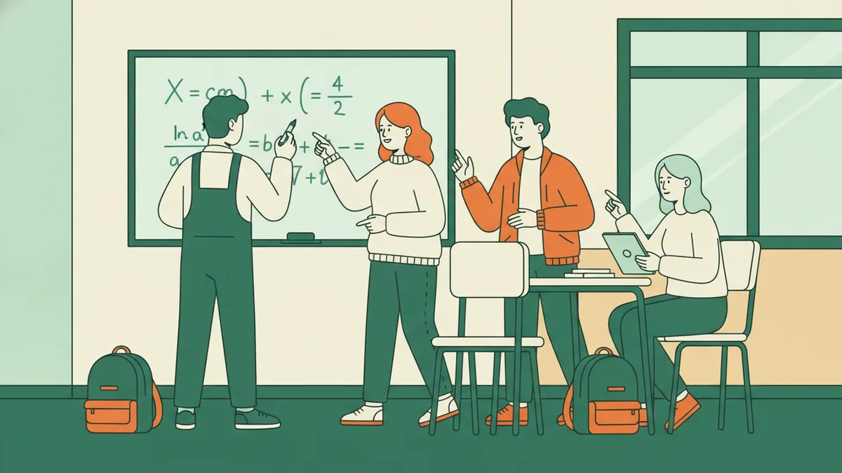 Illustration : quatre étudiants travaillent debout devant un tableau blanc couvert d'équations dans une petite salle ; l'une écrit, les autres discutent et montrent un calcul, sacs à dos posés au pied des chaises.