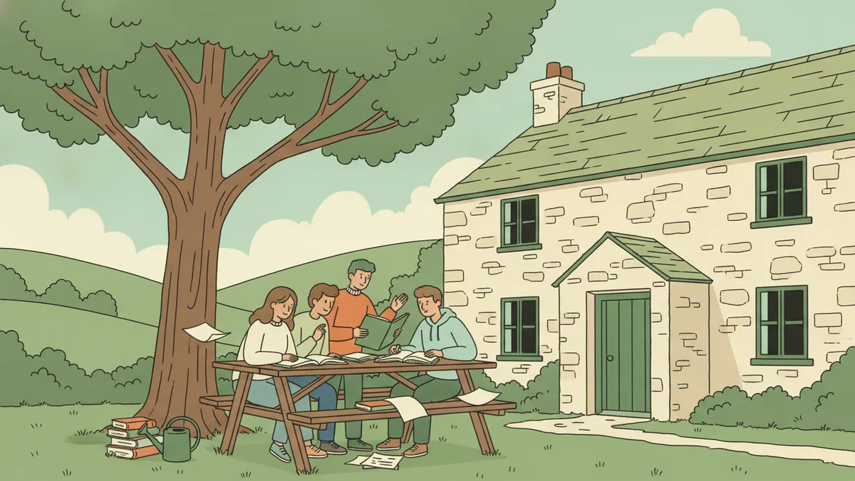 Illustration : quatre étudiants révisent autour d'une table en bois dans le jardin d'une maison de campagne en pierre, à l'ombre d'un grand arbre, des collines vertes au loin.