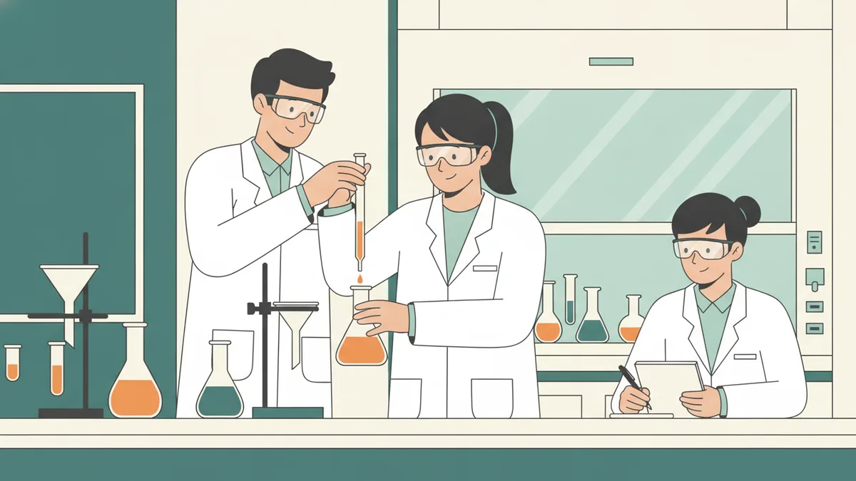 Illustration : en TP de chimie, deux étudiants en blouse blanche et lunettes de protection réalisent un dosage avec une burette au-dessus d'un erlenmeyer qui change de couleur ; une troisième étudiante note les mesures, devant une hotte et de la verrerie.