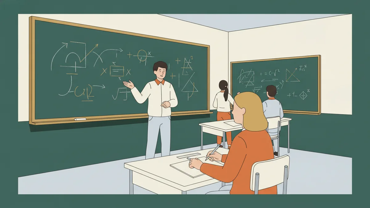 Illustration : une colle dans une petite salle ; un étudiant explique un raisonnement au tableau vert, une professeure assise prend des notes ; au fond, deux autres étudiants préparent leur passage à un second tableau.
