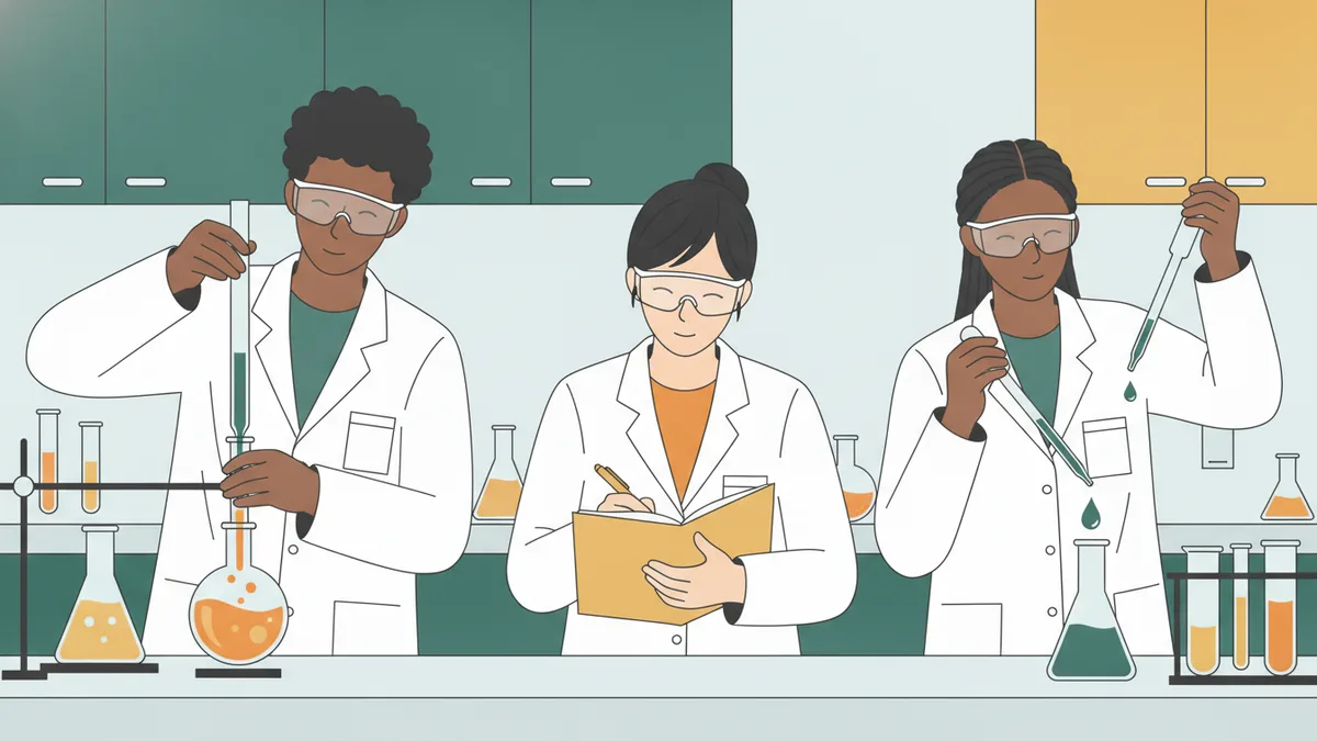 Illustration : trois étudiants en blouse blanche et lunettes de protection pendant un TP de chimie ; l'un verse une solution à la burette dans un ballon, une autre note les résultats, une troisième tient une pipette.