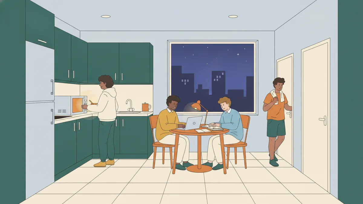 Illustration : le soir, dans la cuisine commune d'un étage d'internat, une étudiante fait chauffer un plat au micro-ondes, deux étudiants travaillent sur un cahier à une petite table sous une lampe, un autre sort de sa chambre une serviette sur l'épaule.