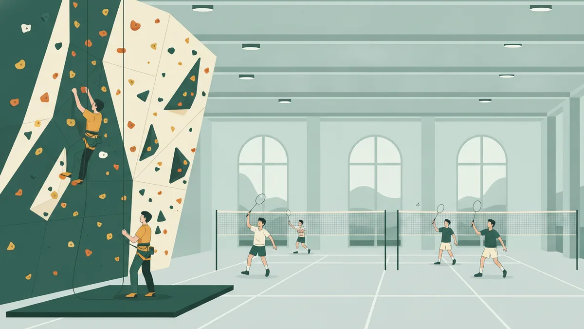 Illustration : dans un grand gymnase, un étudiant en baudrier grimpe un mur d'escalade couvert de prises colorées, assuré par un camarade au sol ; au fond, d'autres étudiants jouent au badminton.