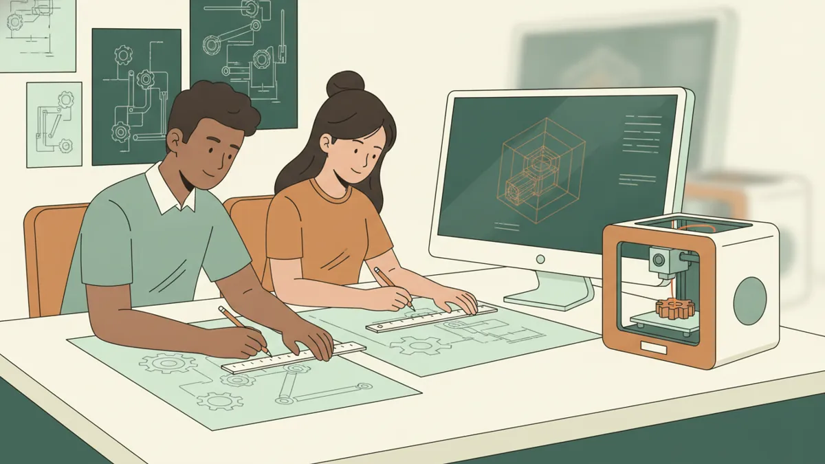 Illustration : deux étudiants dessinent un mécanisme sur une grande feuille avec règles et crayons, à côté d'un écran qui affiche une pièce mécanique en 3D et d'une petite imprimante 3D en train d'imprimer.