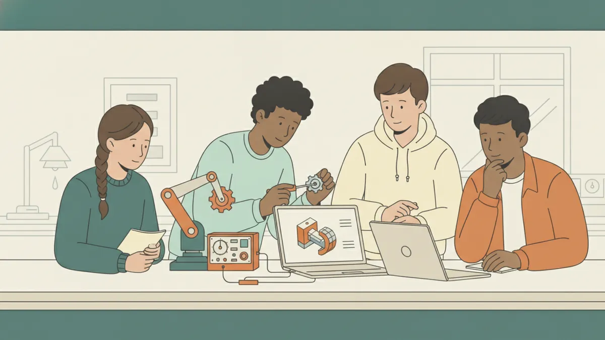 Illustration : dans une salle de travaux pratiques, quatre étudiants entourent un petit bras robotisé relié à un boîtier de mesure et à un ordinateur portable qui affiche une pièce mécanique en 3D ; l'un ajuste une pièce au tournevis.