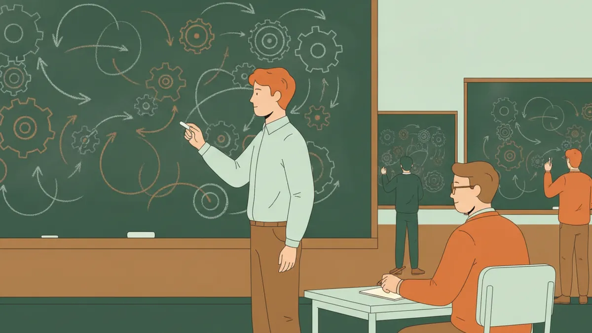 Illustration : un étudiant debout devant un grand tableau vert couvert de schémas d'engrenages et de flèches à la craie explique son raisonnement ; un enseignant assis à un petit bureau l'écoute et prend des notes ; au fond, deux autres étudiants travaillent à leur propre tableau.