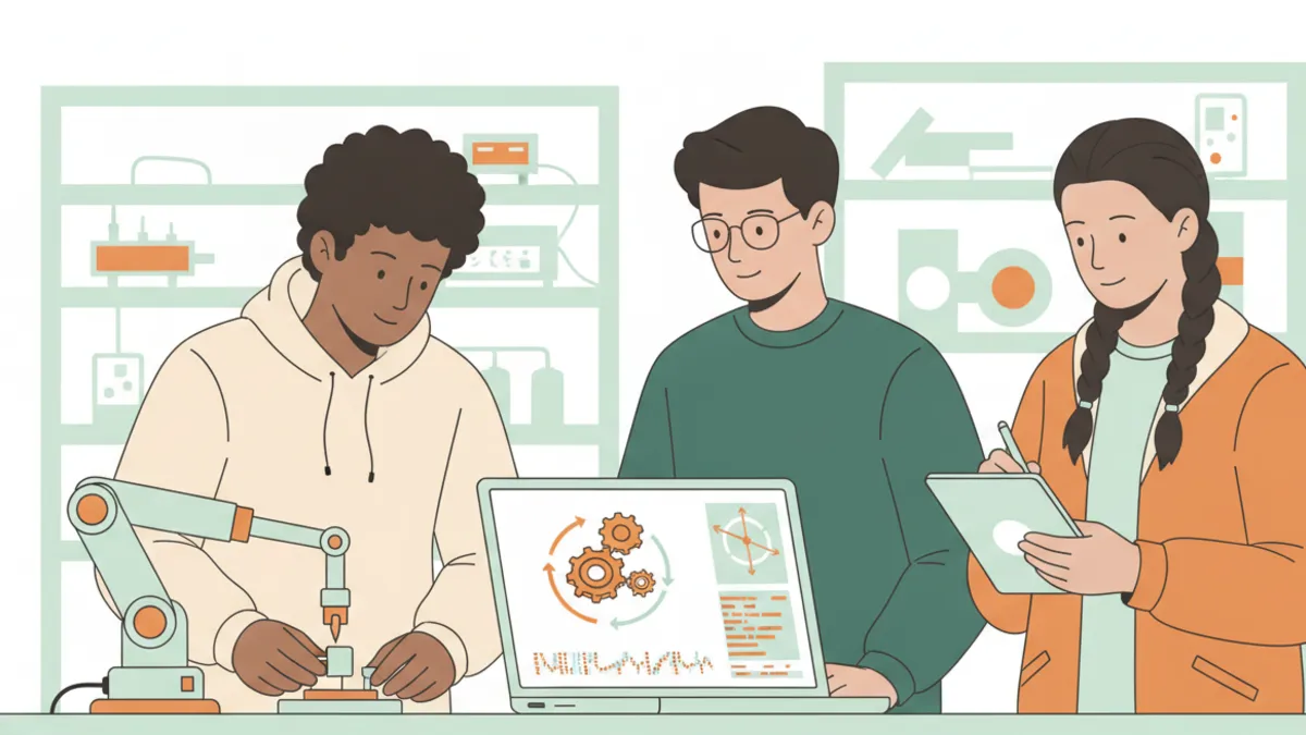 Illustration : trois étudiants autour d'un établi de laboratoire ; l'un règle un petit bras robotisé, un autre montre sur un ordinateur portable le modèle 3D d'engrenages, une troisième prend des notes sur une tablette.