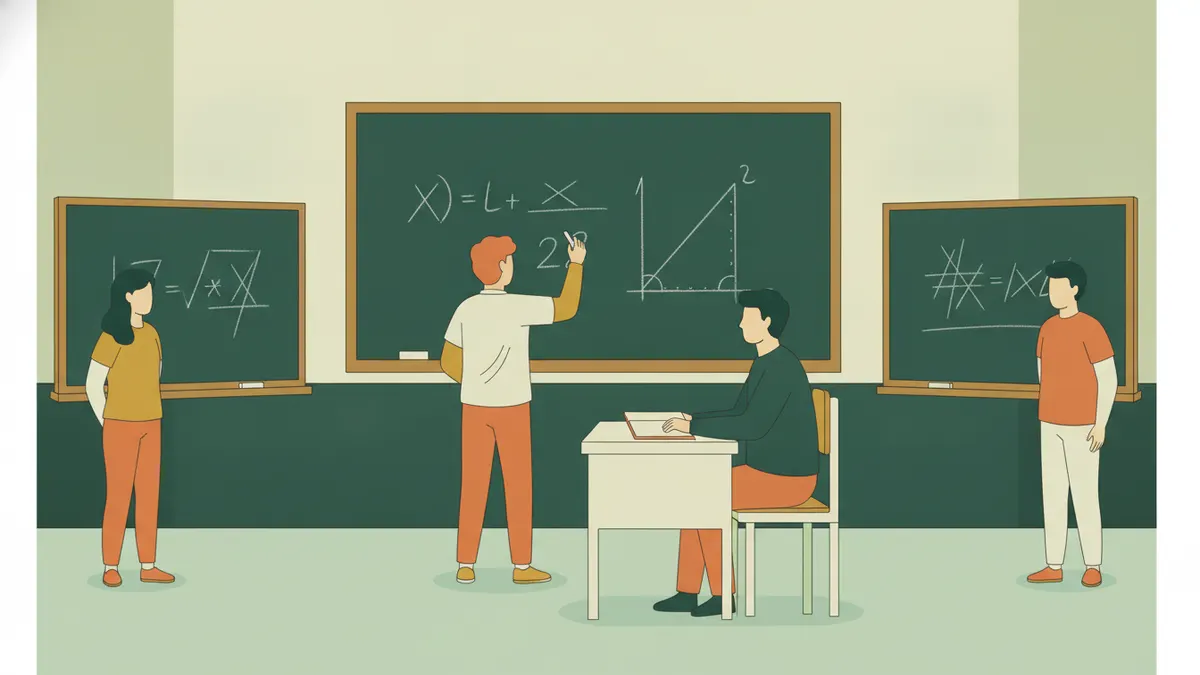 Illustration : dans une petite salle, un étudiant écrit des équations et une figure au tableau noir, face à une enseignante assise qui prend des notes ; deux autres étudiants travaillent chacun à leur tableau sur les côtés.