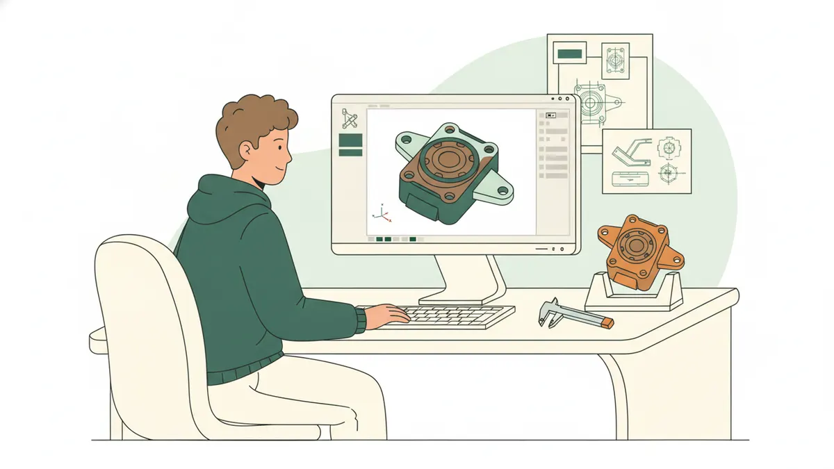 Illustration : un étudiant conçoit une pièce mécanique sur un logiciel de modélisation 3D ; à côté du clavier, la même pièce imprimée en plastique orange et un pied à coulisse ; des dessins techniques au mur.