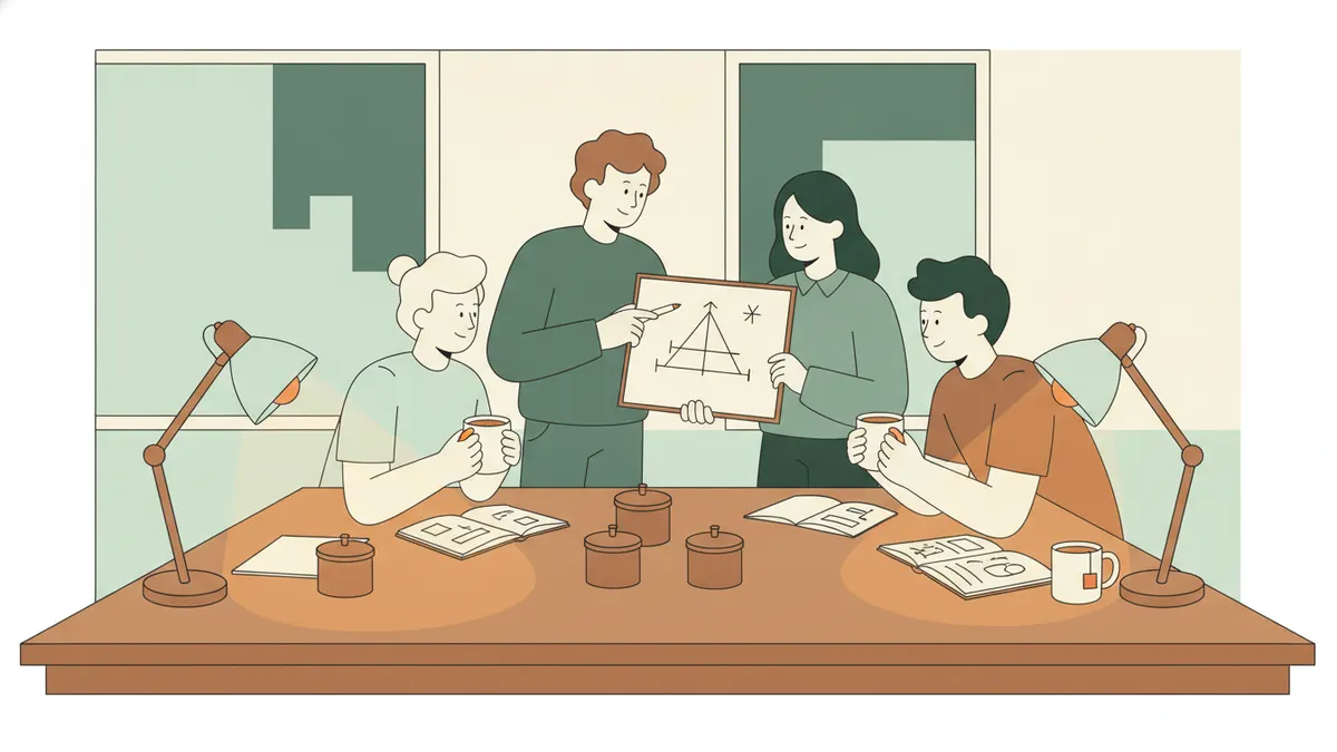 Illustration : le soir, dans une salle commune, quatre étudiants autour d'une table s'entraident sur des exercices de maths ; l'un explique sur un petit tableau blanc, sous des lampes de bureau, des tasses de thé posées sur la table.
