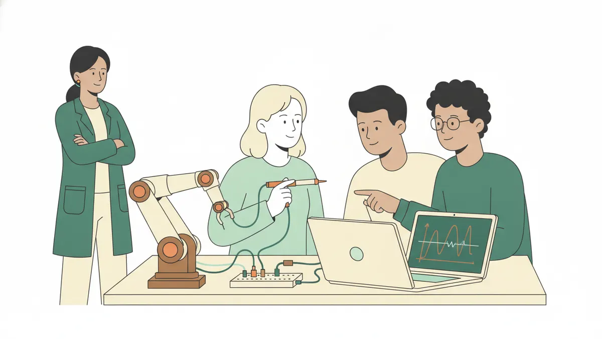 Illustration : trois étudiants autour d'un petit bras robotisé monté sur un banc d'essai ; l'une tient une sonde de mesure, un autre montre une courbe sur un ordinateur portable ; une enseignante observe, bras croisés.