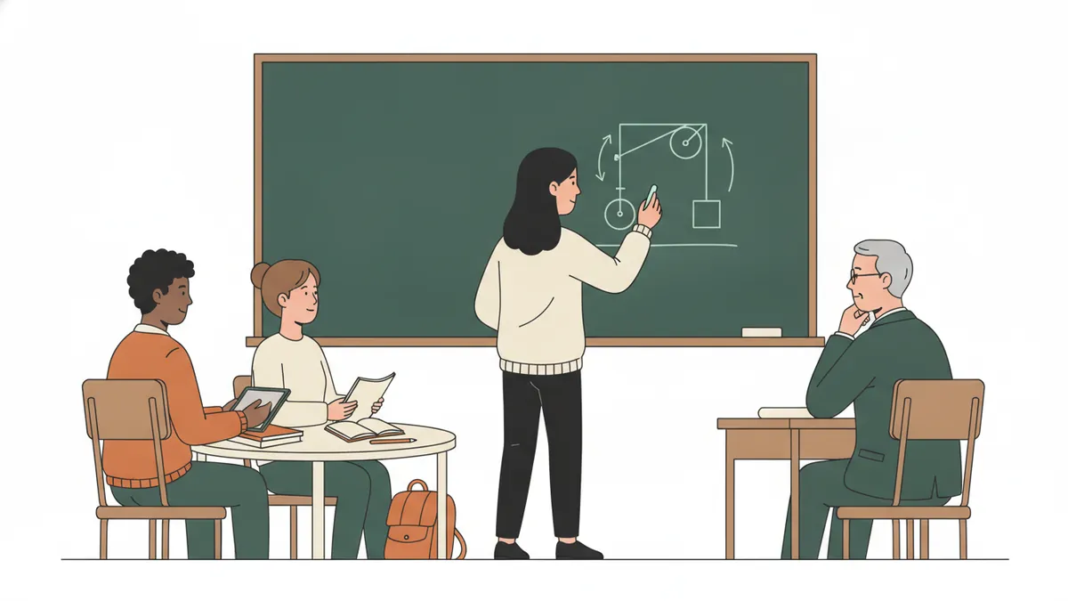 Illustration : une étudiante au tableau vert dessine le schéma d'une poulie et d'un mécanisme ; un enseignant assis l'écoute, deux autres élèves attendent leur tour à une petite table avec leurs notes.
