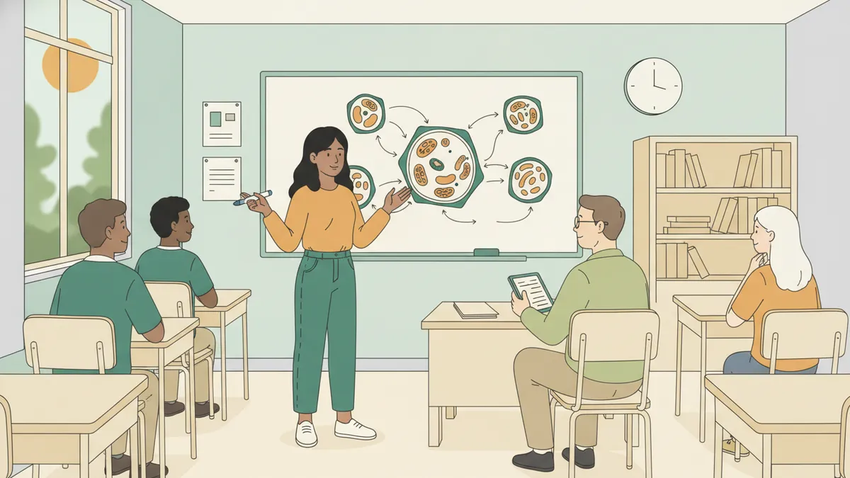 Illustration : dans une petite salle de classe, une étudiante debout au tableau explique un grand schéma de cellule à un enseignant assis qui prend des notes ; deux camarades attendent leur tour.