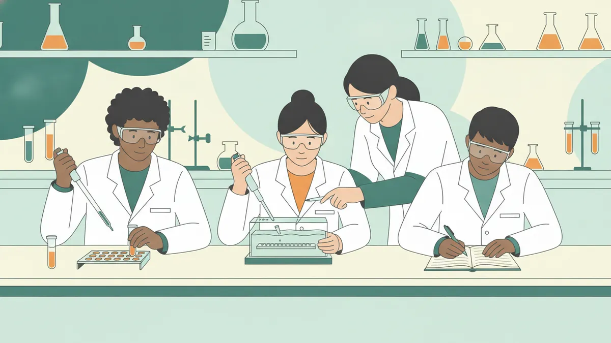 Illustration : trois étudiants en blouse blanche et lunettes de protection en TP de biologie ; l'un pipette un liquide dans une plaque à puits, un autre charge une cuve d'électrophorèse, le troisième note ses résultats dans un cahier ; une enseignante se penche pour vérifier.