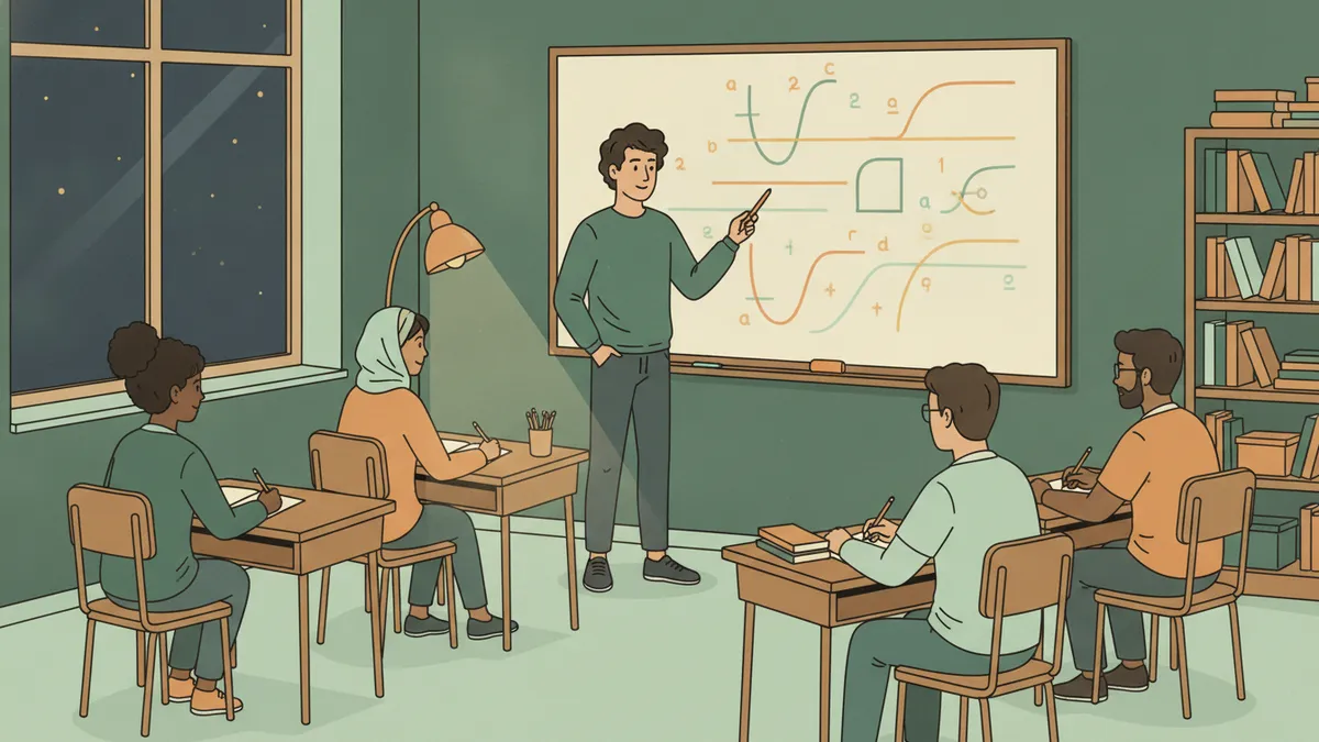 Illustration : le soir, dans une salle de classe éclairée par une lampe, un jeune tuteur explique au tableau des courbes et des schémas à un petit groupe d'étudiants qui travaillent sur papier.