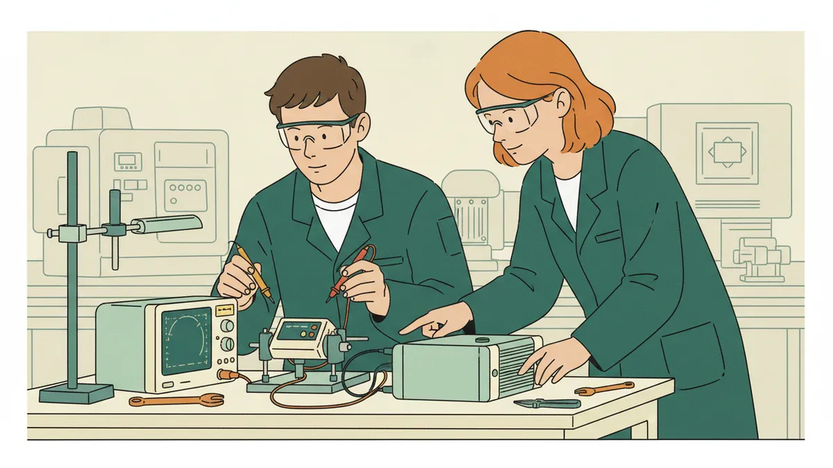 Illustration : dans un laboratoire de sciences de l'ingénieur, deux étudiants en lunettes de protection mesurent un petit banc d'essai de moteur électrique avec un multimètre et un oscilloscope ; derrière, des établis et des outils.