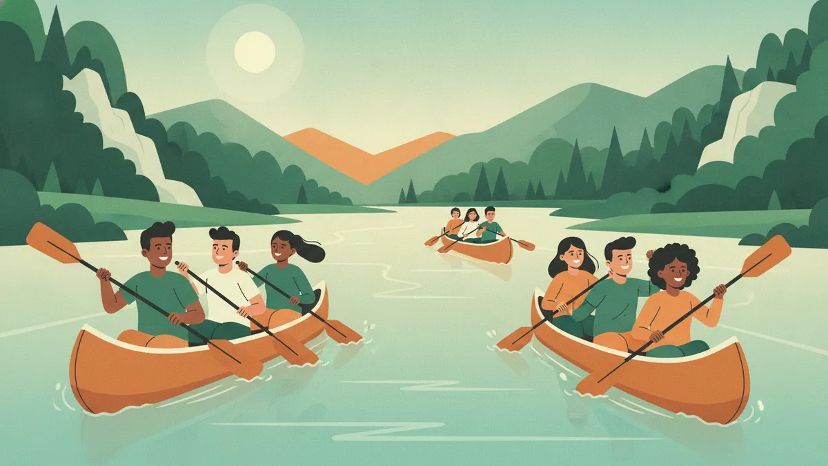 Illustration : un groupe d'étudiants pagaie en riant dans plusieurs canoës sur une rivière calme, au fond d'une vallée verte, par une journée ensoleillée.