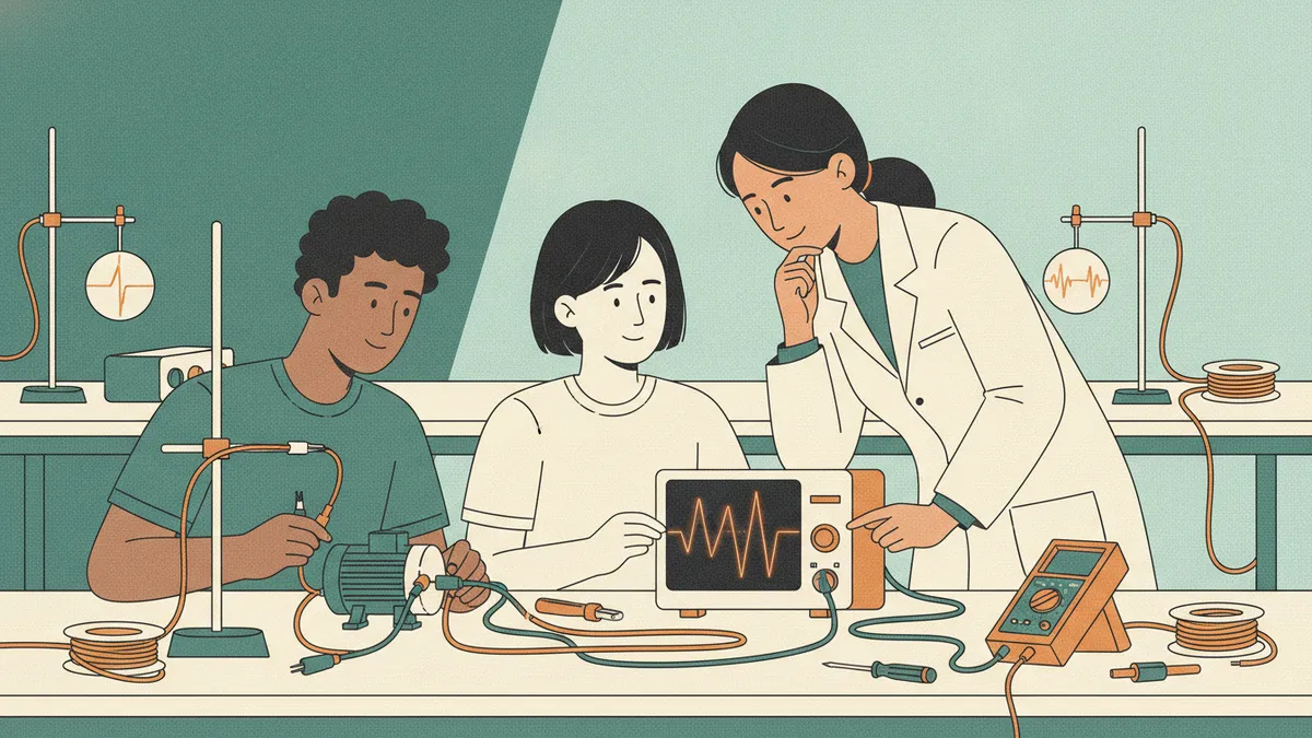 Illustration : deux étudiants câblent un banc d'essai de moteur électrique relié à un oscilloscope qui affiche une courbe, une enseignante penchée vers eux leur donne un conseil.